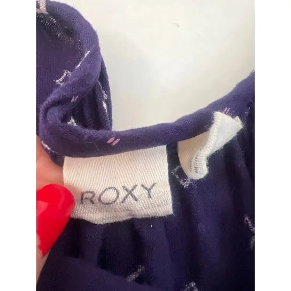 ROXY Shadow Play Tank Sundress flowy navy blue batik-style print coral hem S - Picture 6 of 12